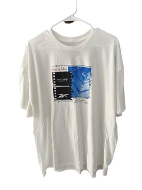 NWT Reebok White Short-Sleeve Graphic Crewneck Tee with Blue & Black Print